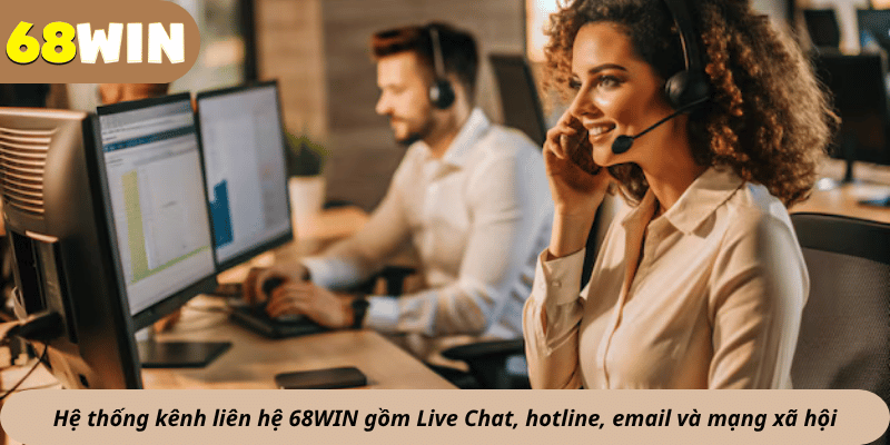 Hệ thống kênh liên hệ 68WIN gồm Live Chat, hotline, email và mạng xã hội